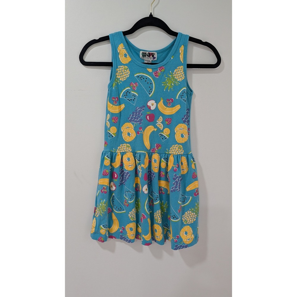 Vintage Hot Gossip Girls Fruit Print Drop Waist Dress Blue Size 10 Summer Retro